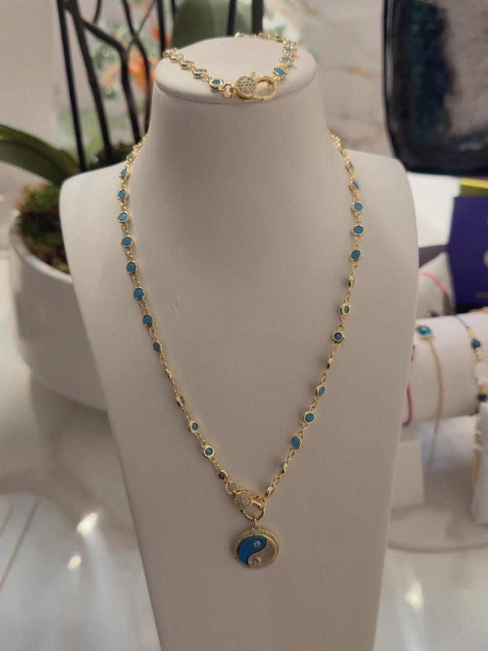 Gold Turquoise Yin Yang Pendant Necklace and Bracelet Set